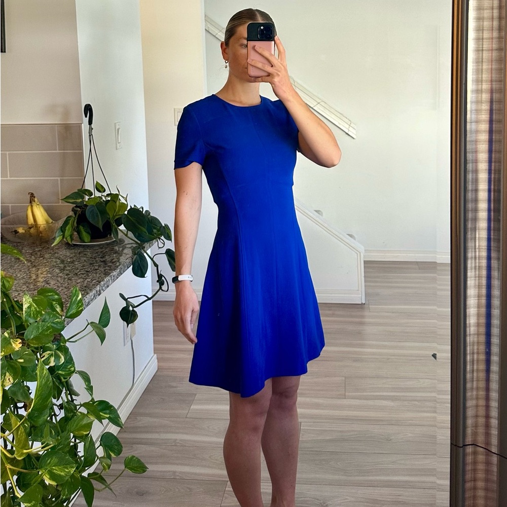 Theory Blue A-Line Mini Dress Crew Neck Short Sleeve